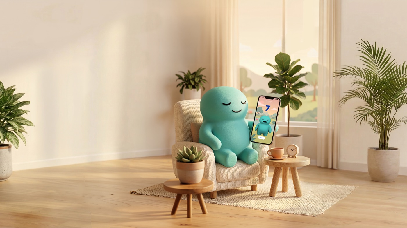 Chonky B. Breathington sitting peacefully in a cozy chair surrounded by plants, with a phone showing the breathing app